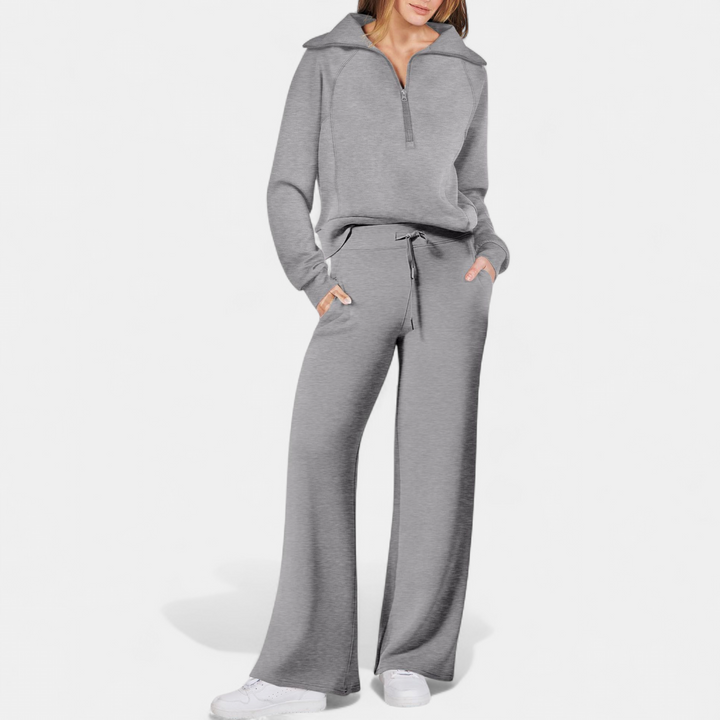 UDAY - Comfy Half Zip Sweatshirt and Wide Leg Pants Set