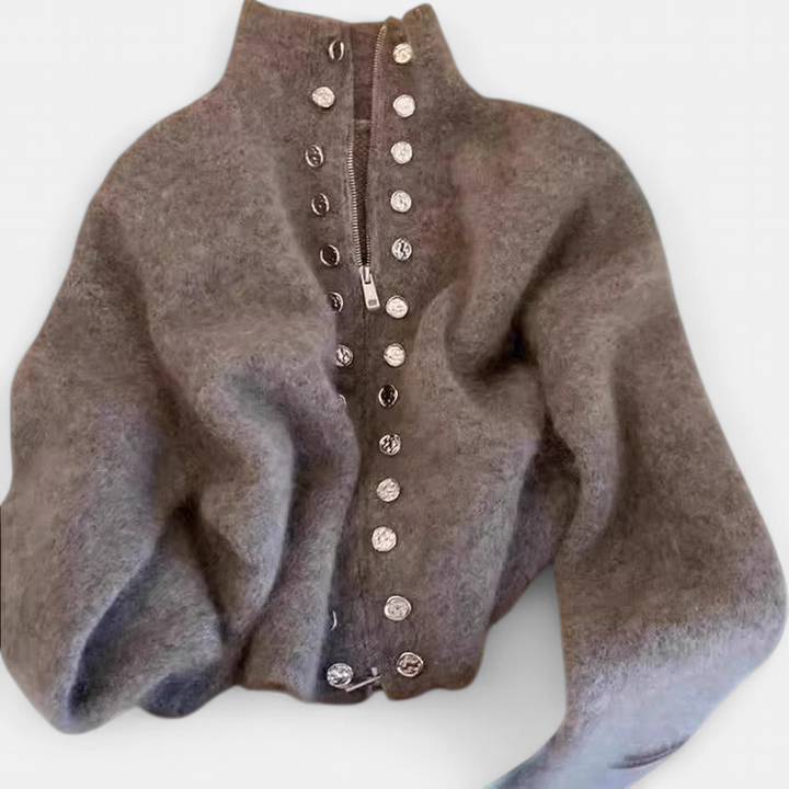 MILANA - Stylish Knitted High Neck Cardigan with Faux Button Accents