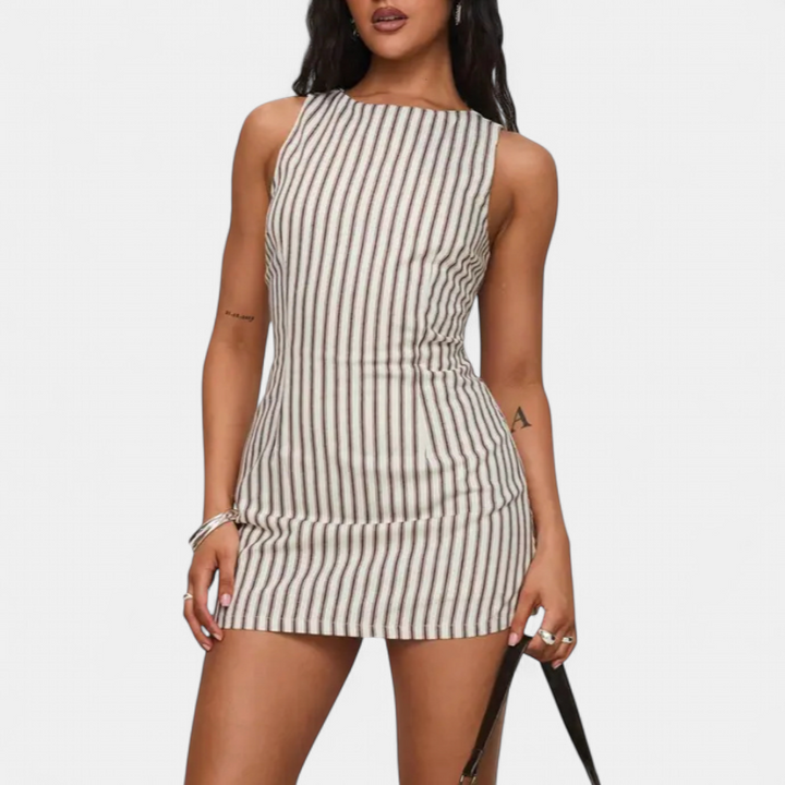 CATHERINE | Striped Brown Sleeveless Summer Sundress for Women | Casual One-Piece Romper