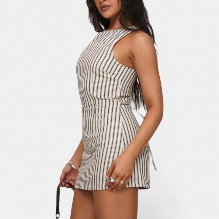 CATHERINE | Striped Brown Sleeveless Summer Sundress for Women | Casual One-Piece Romper