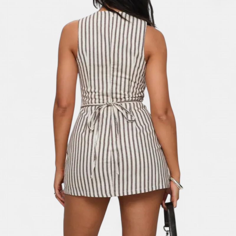 CATHERINE | Striped Brown Sleeveless Summer Sundress for Women | Casual One-Piece Romper