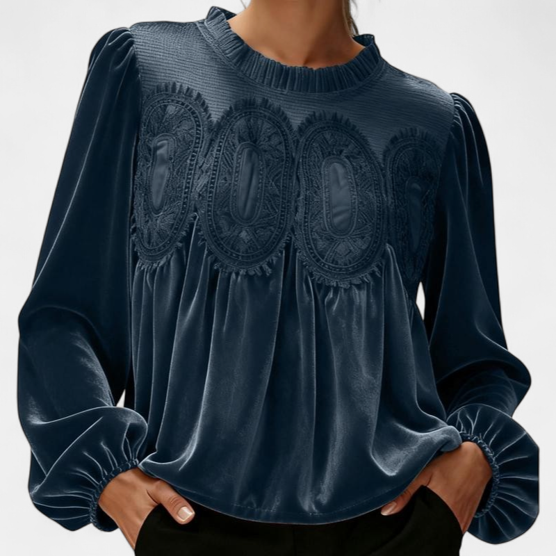 ISABELLA - Women Velvet Trim Lace Flared Blouse Top
