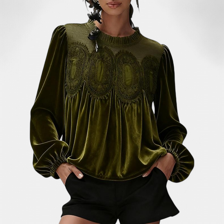 ISABELLA - Women Velvet Trim Lace Flared Blouse Top