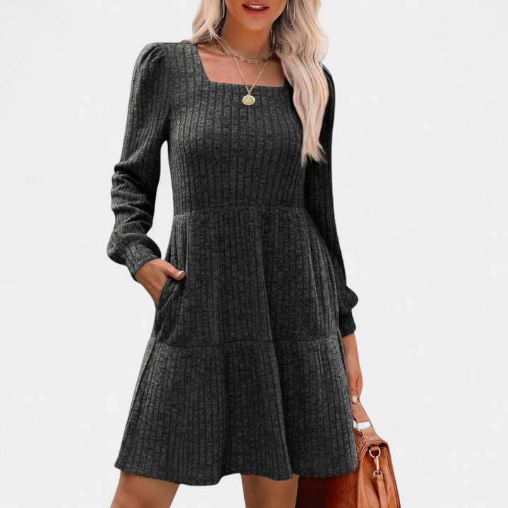 ULAN - Casual Square Neck Long Sleeve Midi Dress