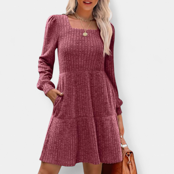 ULAN - Casual Square Neck Long Sleeve Midi Dress