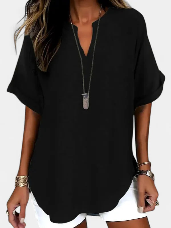SEREIA - Casual Plain Short Sleeve Blouse