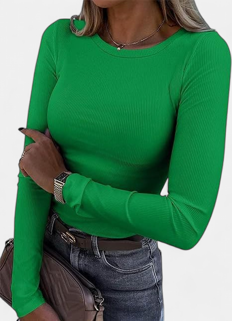 MERIAM - Women Rib Knit Long Sleeve Slim Fit Crewneck Top