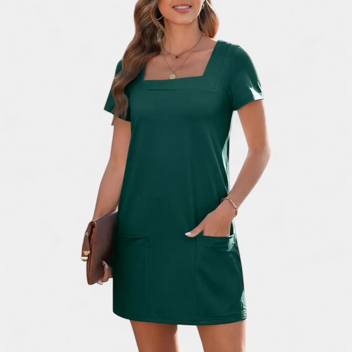 LOISA | Square Neck Casual Mini Sundress for Women | Relaxed Summer Dress with Pockets