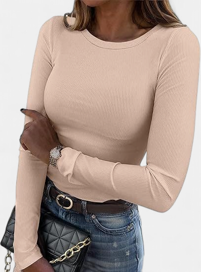 MERIAM - Women Rib Knit Long Sleeve Slim Fit Crewneck Top
