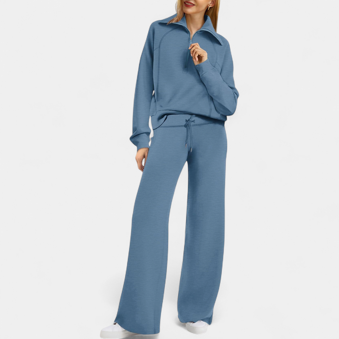UDAY - Comfy Half Zip Sweatshirt and Wide Leg Pants Set