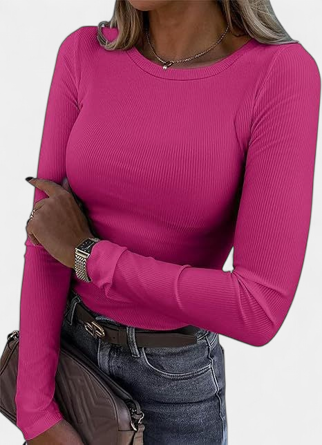 MERIAM - Women Rib Knit Long Sleeve Slim Fit Crewneck Top