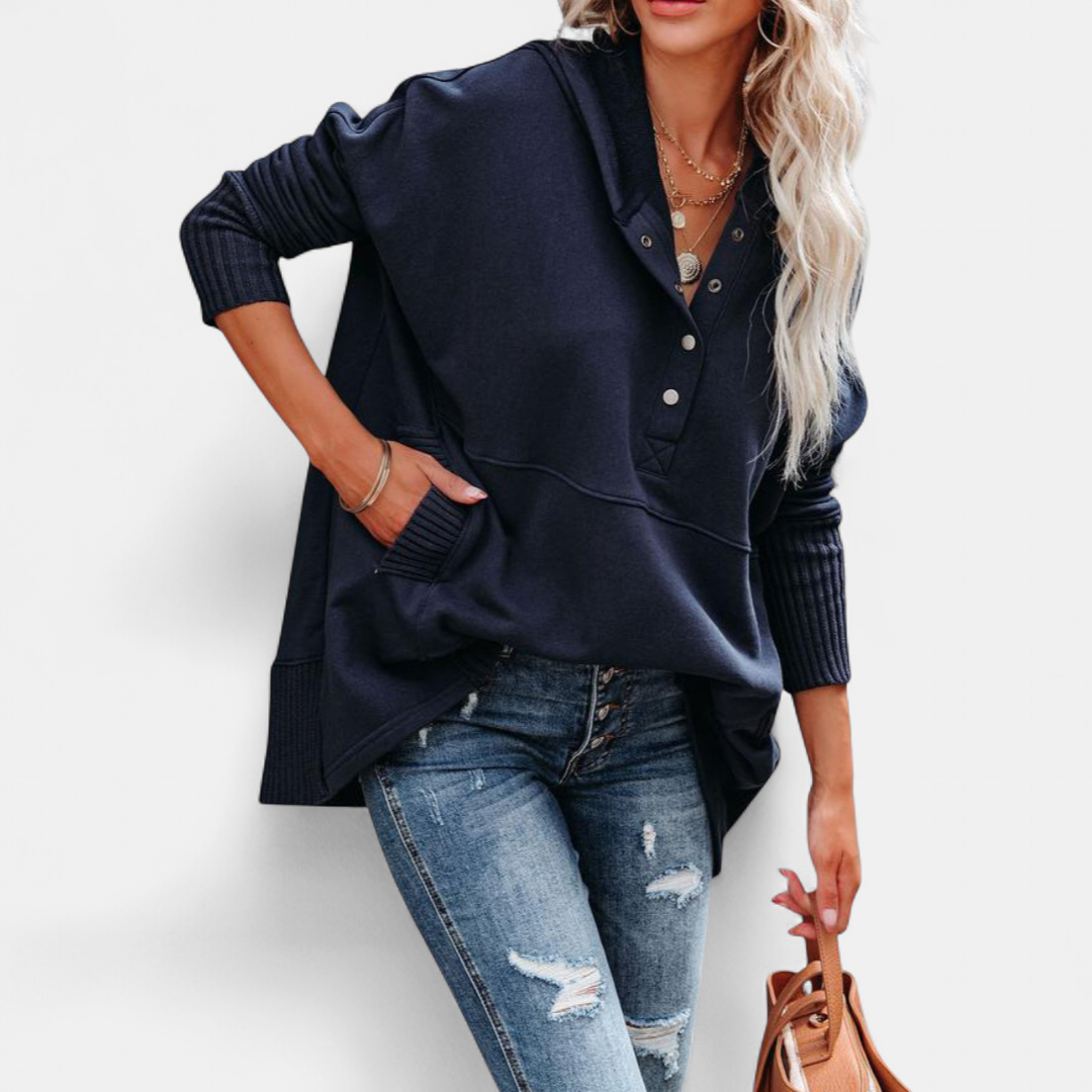 SORAYA - Comfy Oversized Hoodie V-Neck Long Sleeve Sweatshirt