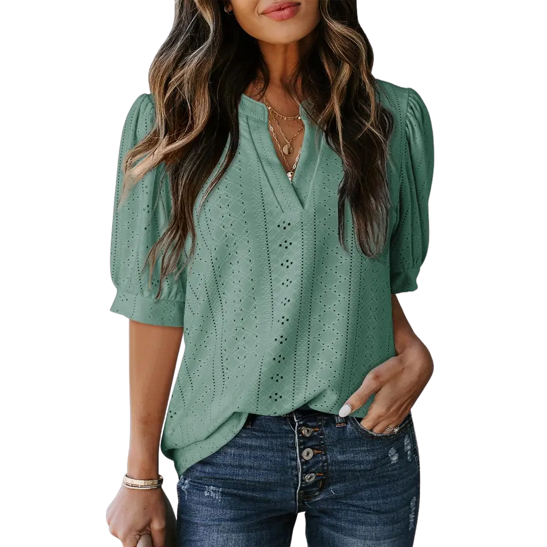 HALLIE | Lace Hollow-Out Bubble Sleeve Blouse