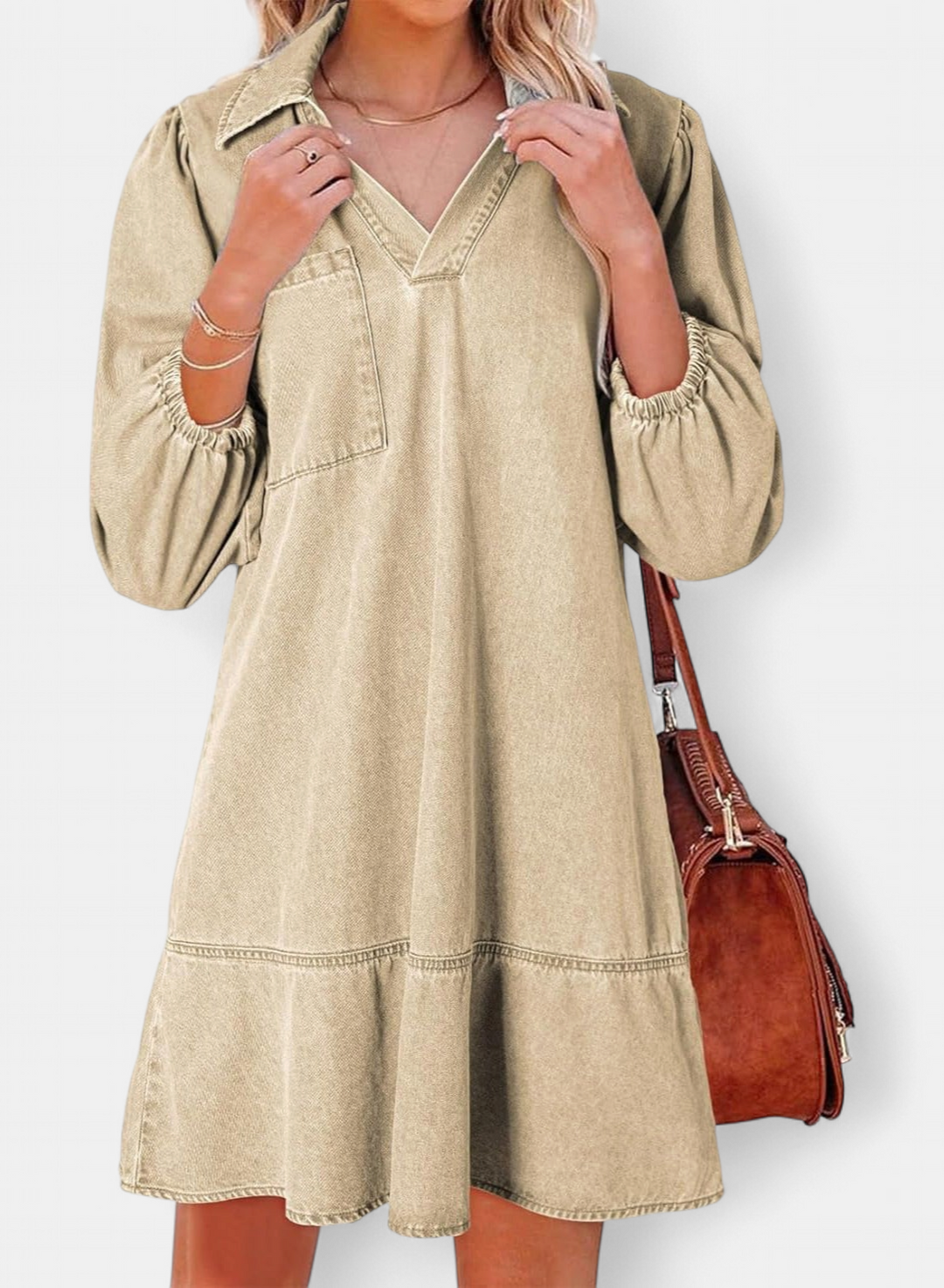 RAICHEL | Relaxed V-Neck Babydoll Denim Sundress for Women | Casual Summer Dress
