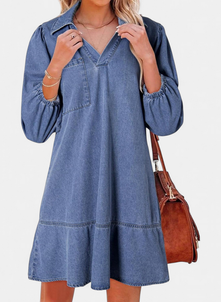 RAICHEL | Relaxed V-Neck Babydoll Denim Sundress for Women | Casual Summer Dress