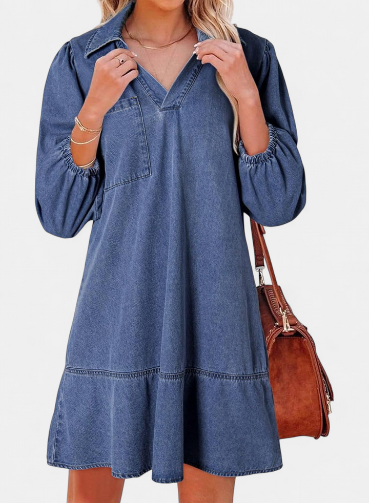 RAICHEL | Relaxed V-Neck Babydoll Denim Sundress for Women | Casual Summer Dress