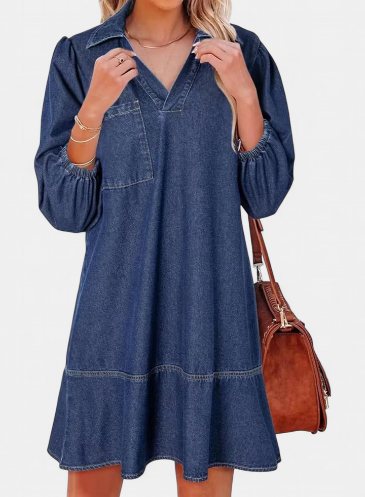 RAICHEL | Relaxed V-Neck Babydoll Denim Sundress for Women | Casual Summer Dress