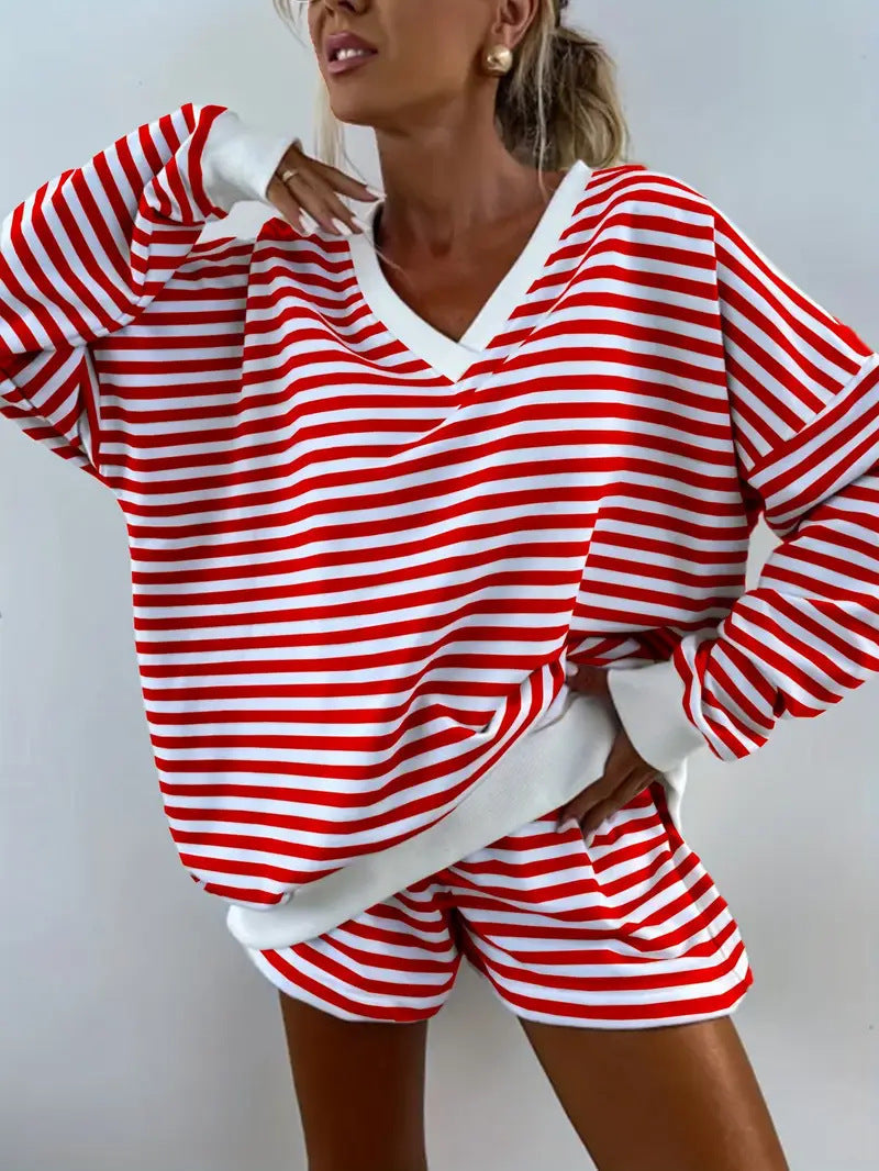 NOLANI | Relaxed Fit Striped V-Neck Lounge Set