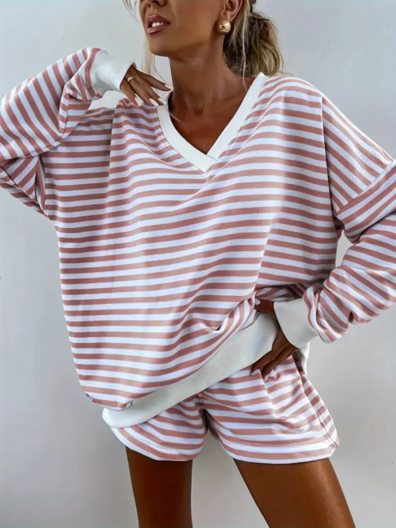NOLANI | Relaxed Fit Striped V-Neck Lounge Set