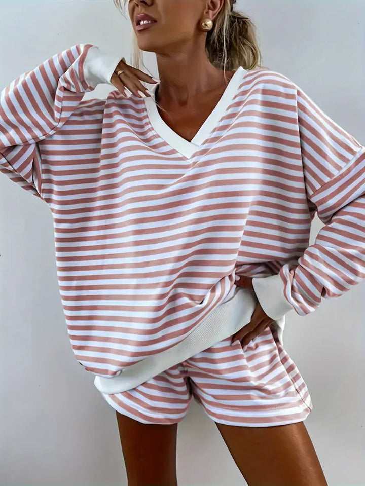 NOLANI | Relaxed Fit Striped V-Neck Lounge Set