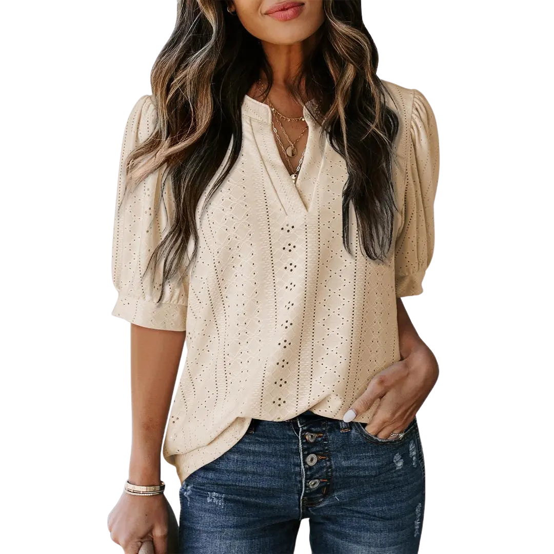 HALLIE | Lace Hollow-Out Bubble Sleeve Blouse