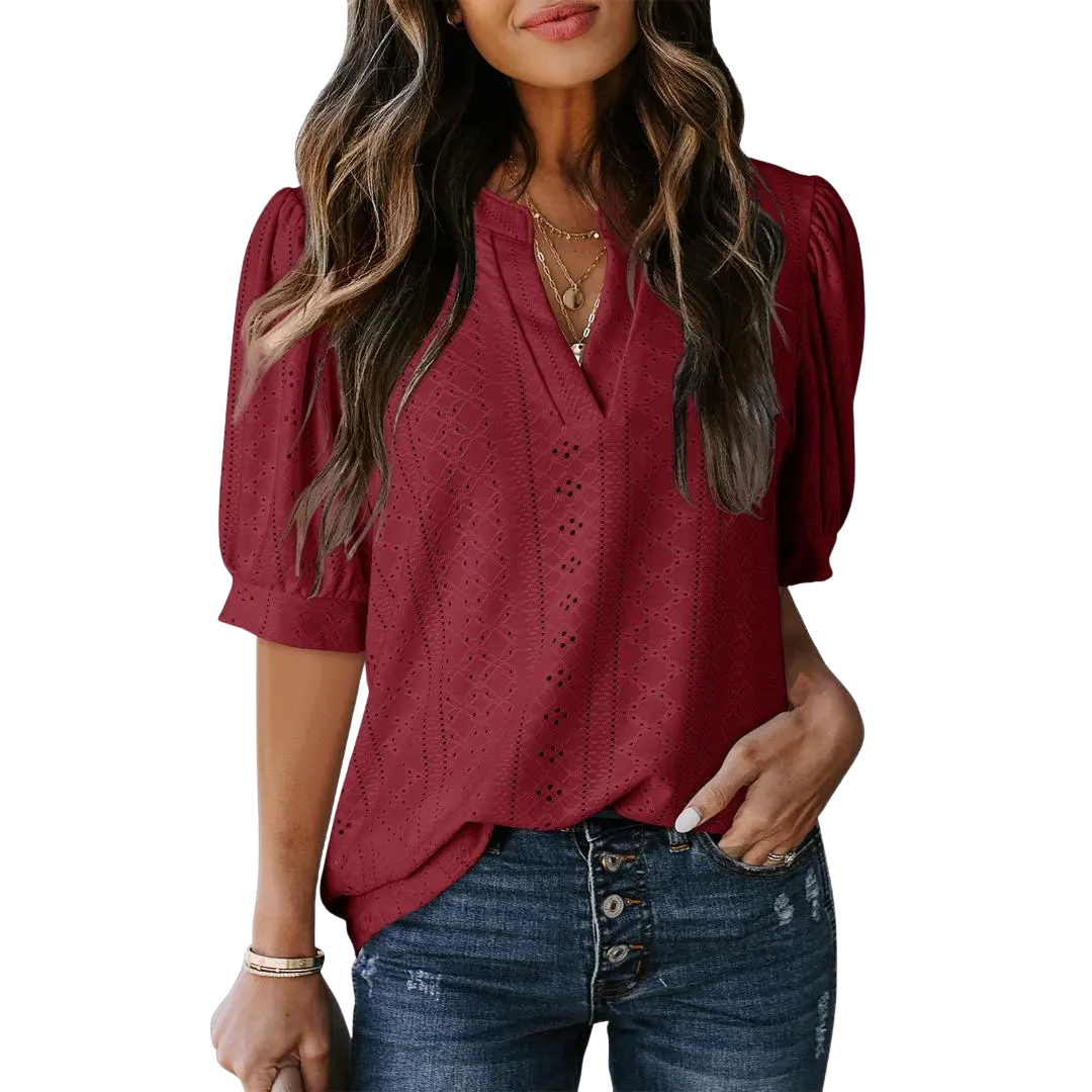 HALLIE | Lace Hollow-Out Bubble Sleeve Blouse