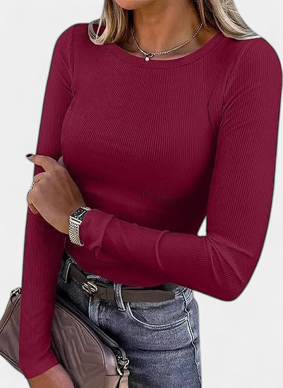 MERIAM - Women Rib Knit Long Sleeve Slim Fit Crewneck Top