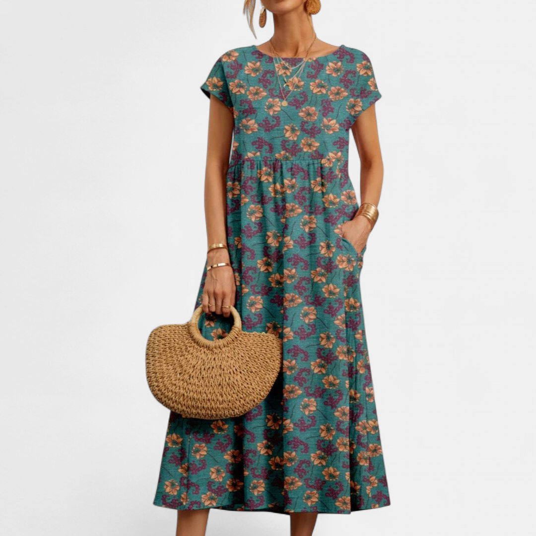 FLORENE | Floral A-Line Midi Sundress for Women | Casual Summer Dress