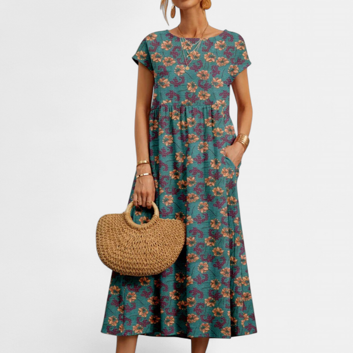 FLORENE | Floral A-Line Midi Sundress for Women | Casual Summer Dress