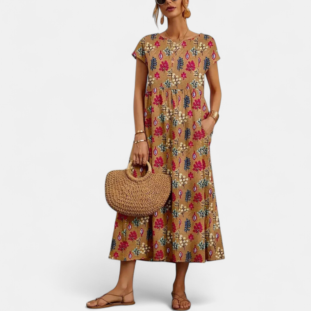 FLORENE | Floral A-Line Midi Sundress for Women | Casual Summer Dress