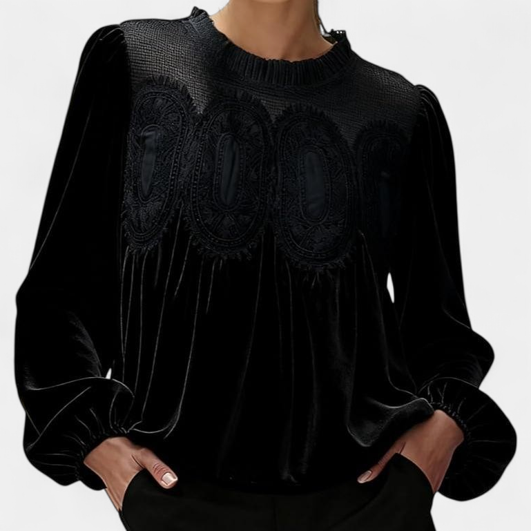 ISABELLA - Women Velvet Trim Lace Flared Blouse Top