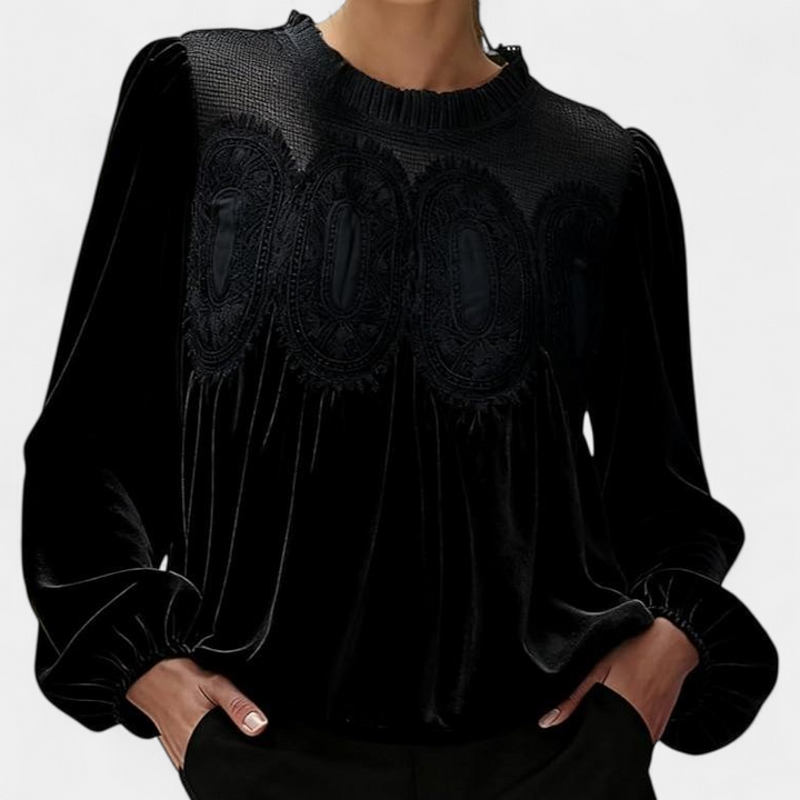 ISABELLA - Women Velvet Trim Lace Flared Blouse Top