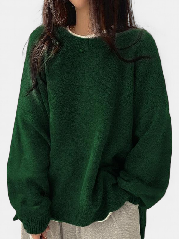 KIARA - Women's Drop Shoulder Split Hem Round Neck Sweater