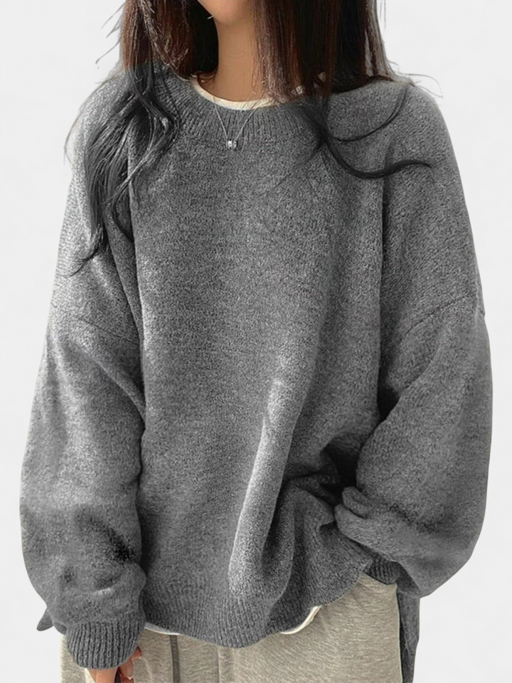 KIARA - Women's Drop Shoulder Split Hem Round Neck Sweater