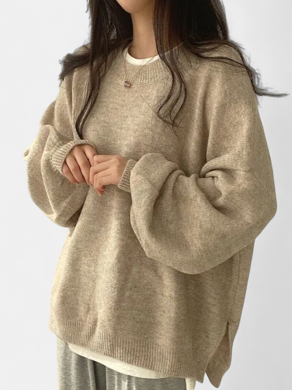 KIARA - Women's Drop Shoulder Split Hem Round Neck Sweater
