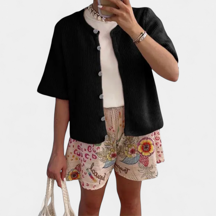 JOSIE | Soft Ribbed Button-Down Short Sleeve Cardigan