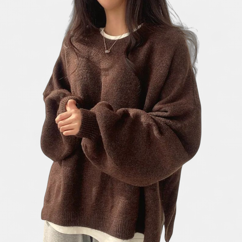 KIARA - Women's Drop Shoulder Split Hem Round Neck Sweater