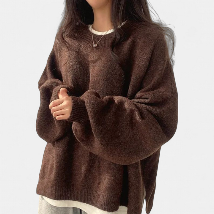 KIARA - Women's Drop Shoulder Split Hem Round Neck Sweater