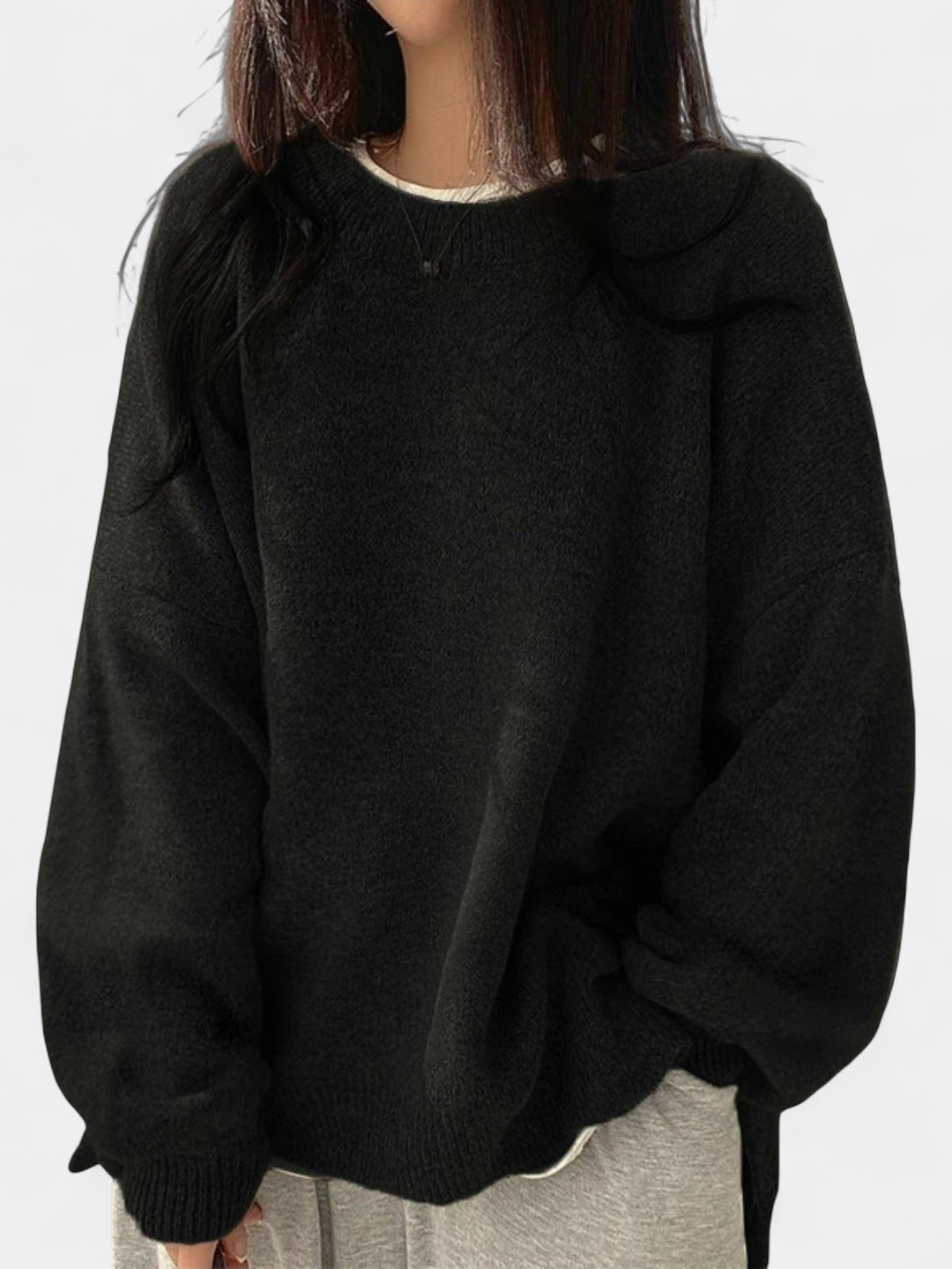 KIARA - Women's Drop Shoulder Split Hem Round Neck Sweater