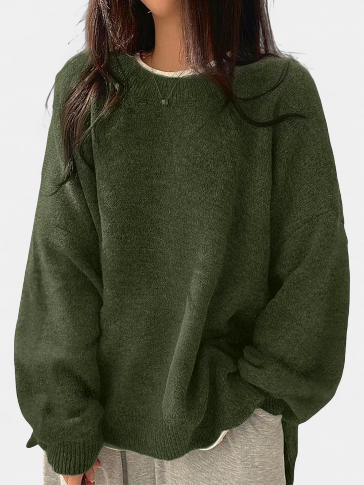 KIARA - Women's Drop Shoulder Split Hem Round Neck Sweater
