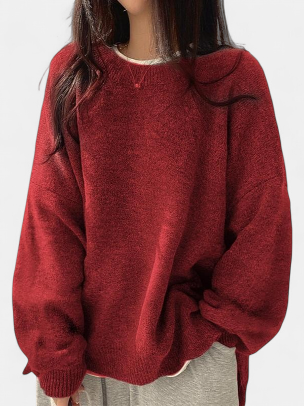 KIARA - Women's Drop Shoulder Split Hem Round Neck Sweater