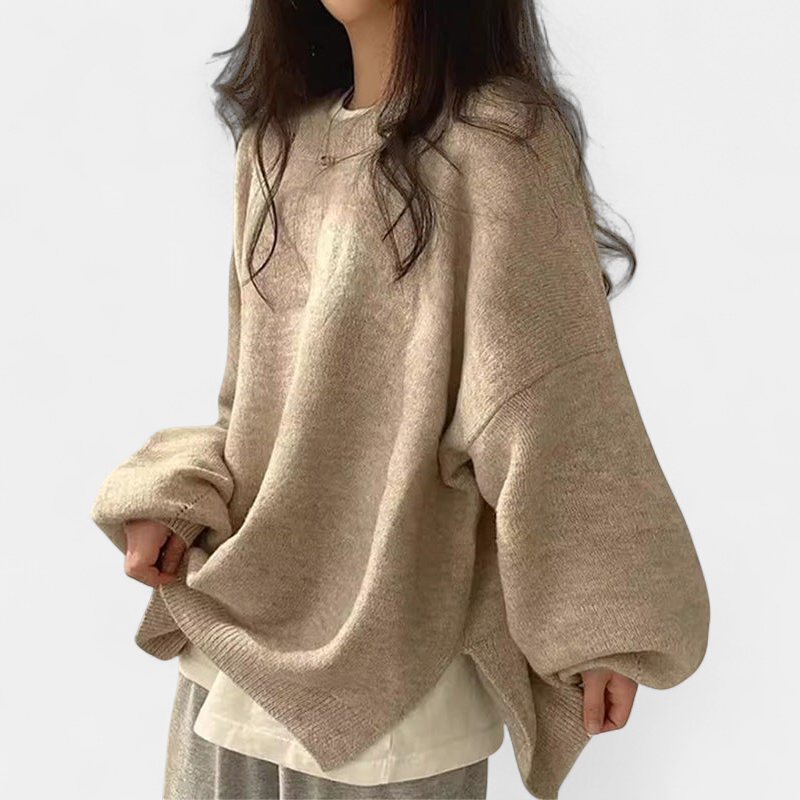 KIARA - Women's Drop Shoulder Split Hem Round Neck Sweater