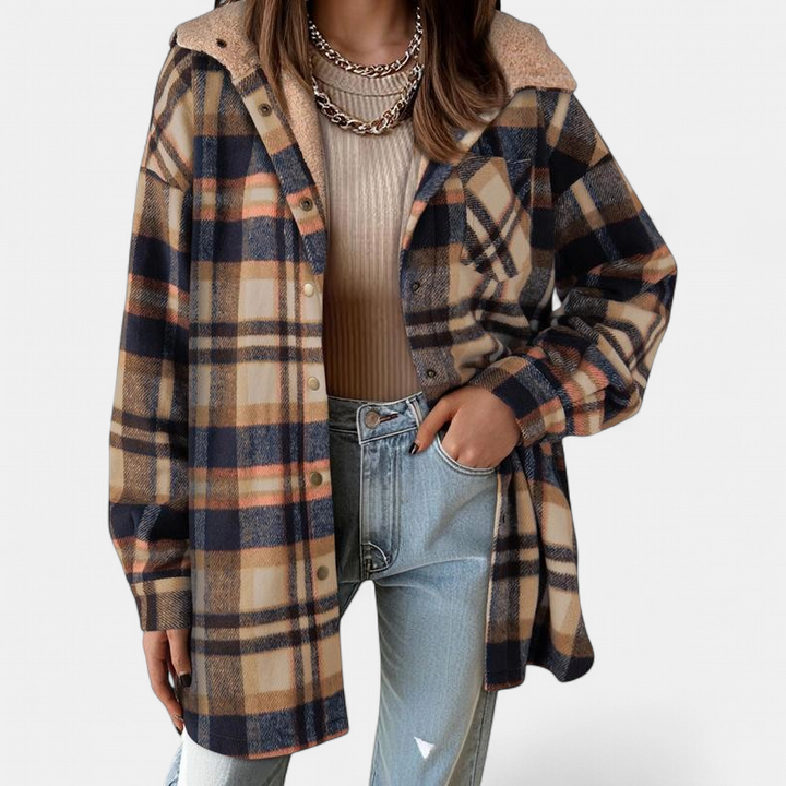 MARIE - Flannel Hooded Plaid Shacket Thick Winter Fleece Coat