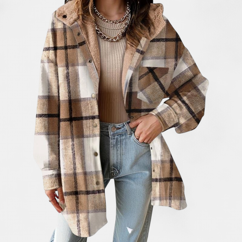 MARIE - Flannel Hooded Plaid Shacket Thick Winter Fleece Coat