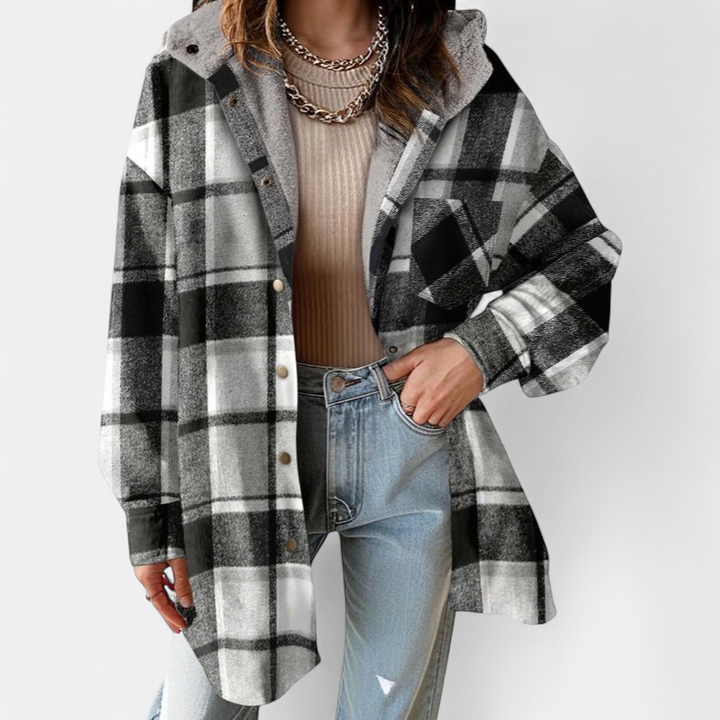 MARIE - Flannel Hooded Plaid Shacket Thick Winter Fleece Coat