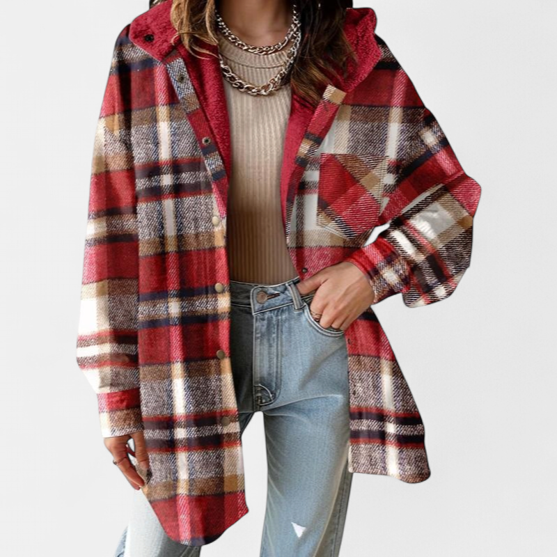 MARIE - Flannel Hooded Plaid Shacket Thick Winter Fleece Coat