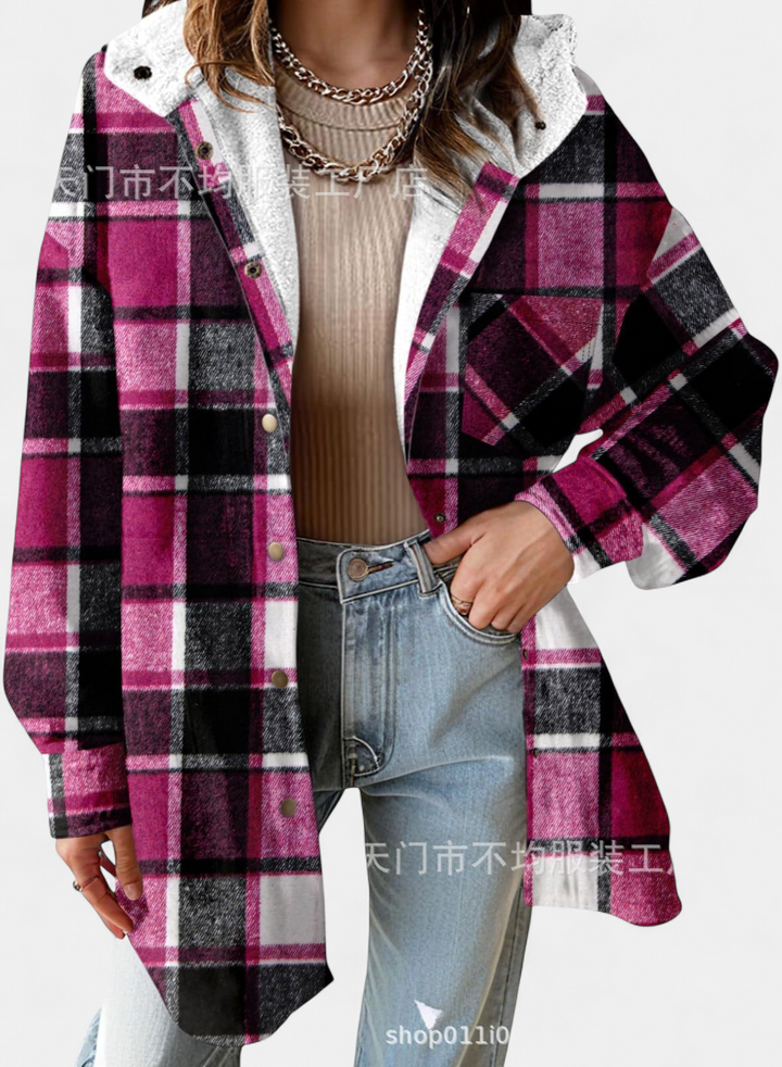 MARIE - Flannel Hooded Plaid Shacket Thick Winter Fleece Coat