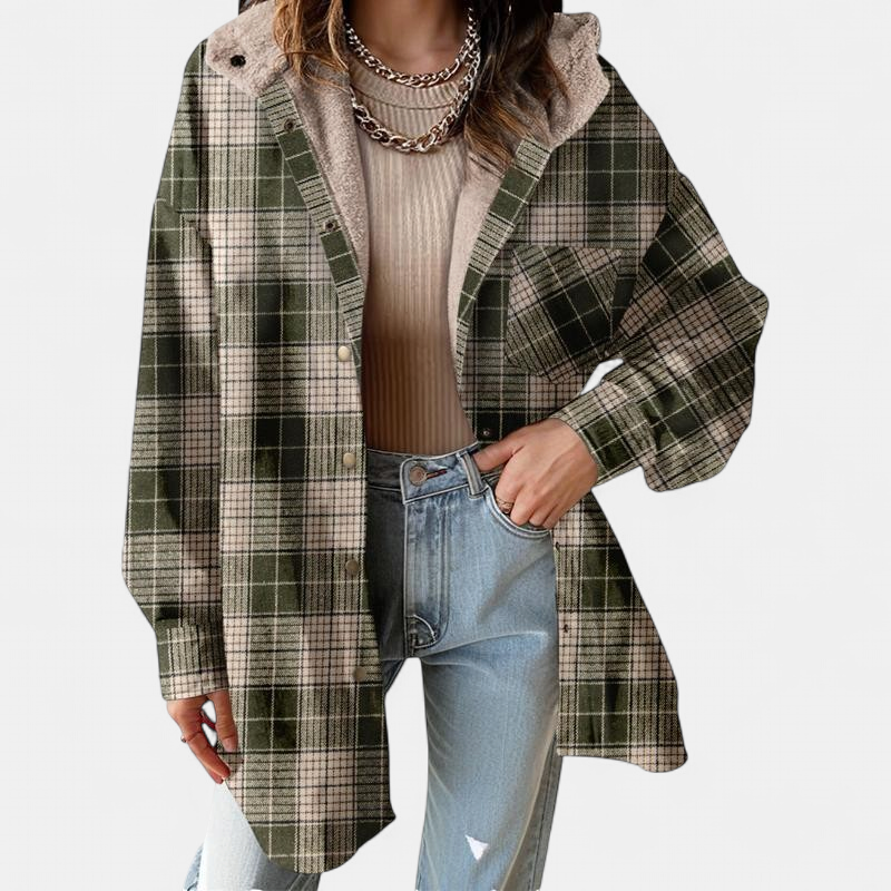 MARIE - Flannel Hooded Plaid Shacket Thick Winter Fleece Coat